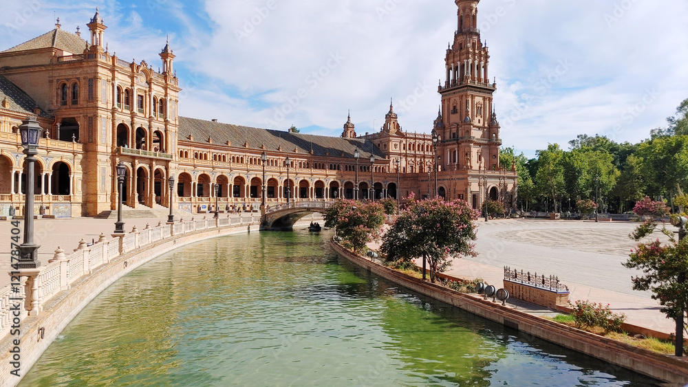Fototapeta premium South wing of the square with the second tower and last bridge over the lake. Plaza de Espana (Spain Square), Maria Luisa Park, Seville, Spain. 