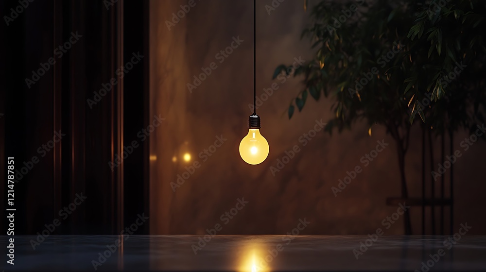 Hanging glowing bulb softly illuminating the nearby unlit bulbs resting on a clean surface Hanging glowing bulb softly illuminating the nearby unlit bulbs resting on a clean surface