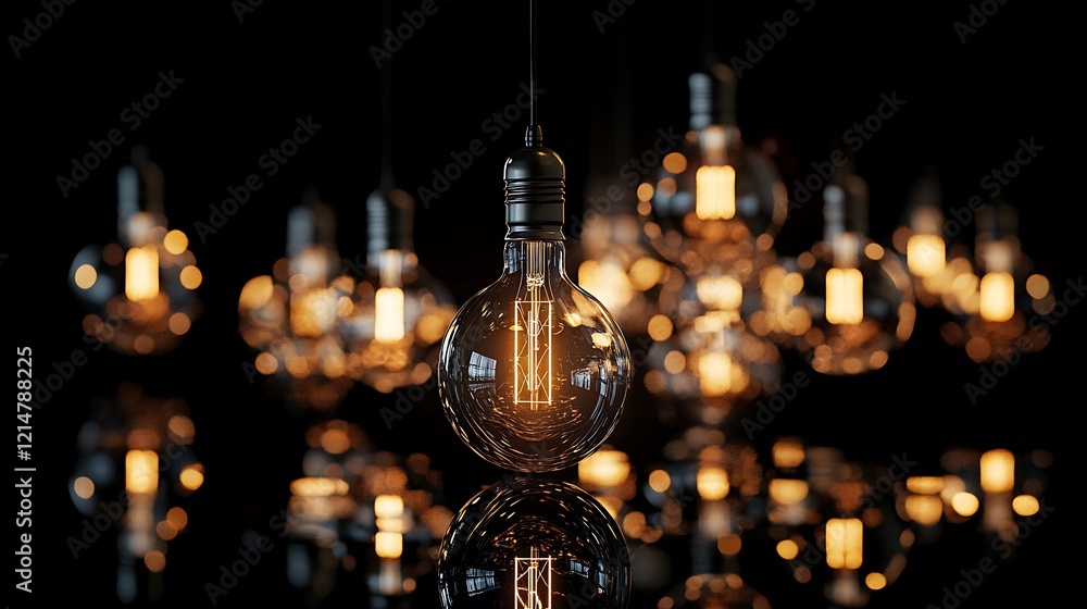 Suspended bulb glowing in soft warm light with unlit bulbs placed around on a reflective black background Suspended bulb glowing in soft warm light with unlit bulbs placed around on a reflective black background