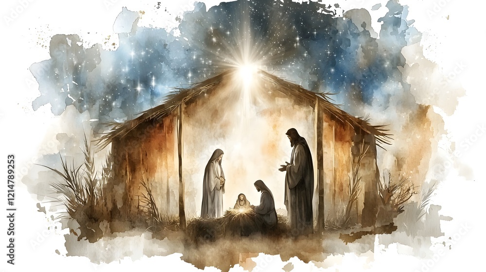 Fototapeta premium Serene Silhouette of the Holy Family in a Peaceful Stable Under a Bright Starry Night Sky with a Soft Glow Surrounding the Nativity Scene