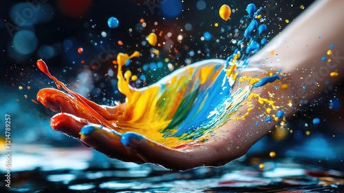 A hand throwing liquid paint in bold colors, with droplets flying dramatically through the air photo