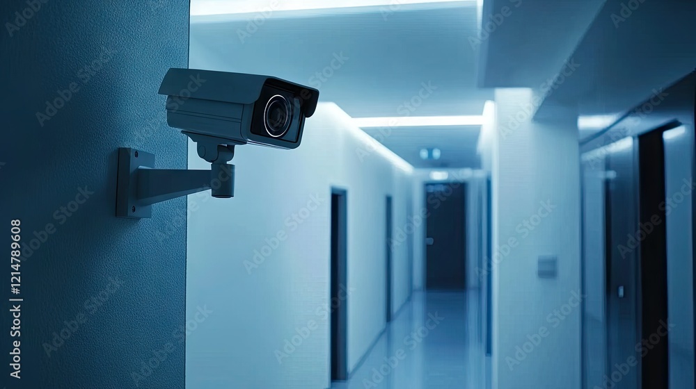 A high-tech CCTV camera mounted in the corner of a building hallway, with modern interior design in the background A high-tech CCTV camera mounted in the corner of a building hallway, with modern interior design in the background