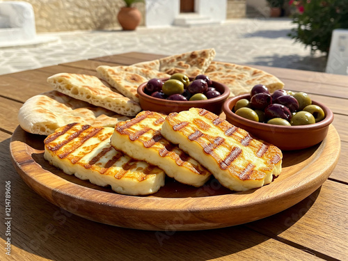 A platter of Cypriot Halloumi, expertly grilled to a golden brown, rests on a rustic wooden platter, inviting you to savor its unique texture and taste