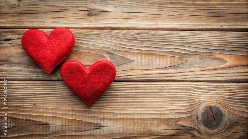 Fototapeta premium Two Red Hearts on Wooden Background, red hearts, wooden decor, red hearts