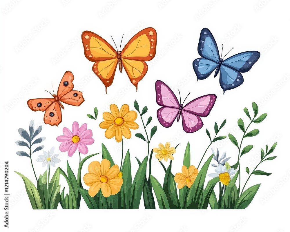 Fototapeta premium Colorful Butterflies and Vibrant Flowers in a Lush Garden Scene