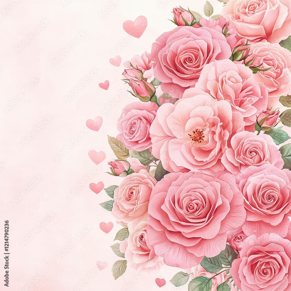 A beautiful arrangement of pink roses with delicate hearts in the background, perfect for expressing love and affection in any design project. A beautiful arrangement of pink roses with delicate hearts in the background, perfect for expressing love and affection in any design project.