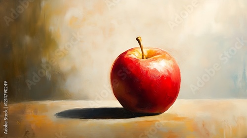 A Single Red Apple on a Wooden Table in Oil Painting Style