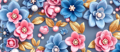 Wallpaper Mural Seamless 3D Floral Pattern with Pink and Blue Flowers, Pearls, and Gold Leaves Torontodigital.ca