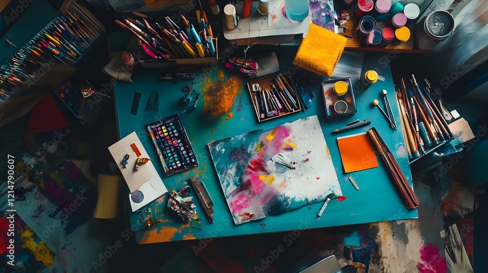 Fototapeta premium Overhead View of a Vibrant Workspace with Art Supplies and Colors