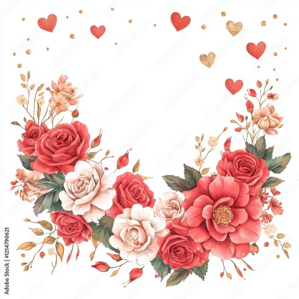 A beautiful arrangement of roses and florals adorned with hearts, perfect for romantic occasions or creative design projects. A beautiful arrangement of roses and florals adorned with hearts, perfect for romantic occasions or creative design projects.