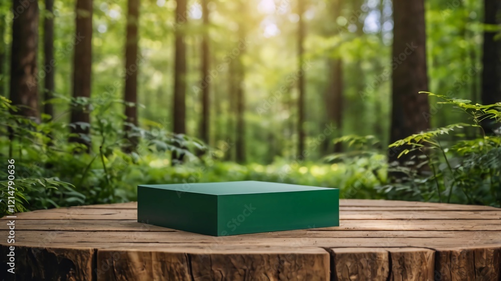 product podium in nature outdoors forest blurred green background. natural product placement, pedestal stand display, spring or summer cosmetics concept product podium in nature outdoors forest blurred green background. natural product placement, pedestal stand display, spring or summer cosmetics concept