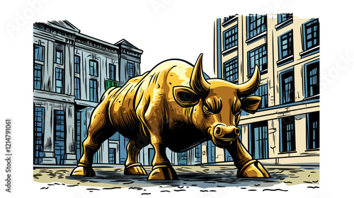 Vector comic hand-drawn illustration of Charging bull. Charging bull in New York