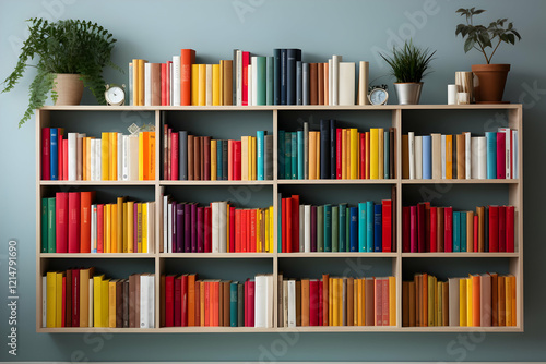 Bookshelf displays colorful...