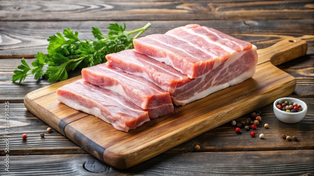 Raw pork belly on a wooden cutting board, pork, pork belly Raw pork belly on a wooden cutting board, pork, pork belly