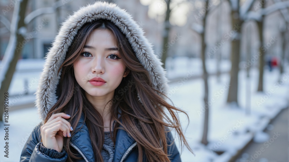 A woman wearing a fur coat and a hood is standing in the snow A woman wearing a fur coat and a hood is standing in the snow