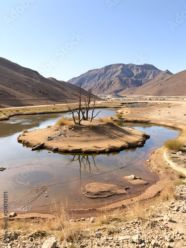 Sau reservoir swamp in Spain dry desert desertification of Europe little water Decertification, extreme drought photo