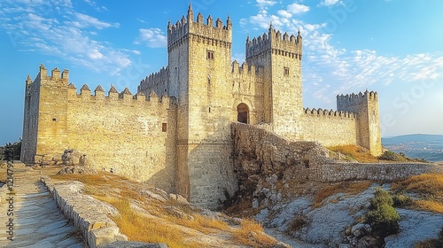 Majestic hilltop castle, sunny day, scenic view, travel photo