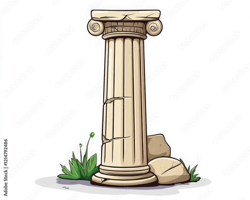 Ancient Stone Column Surrounded by Grass and Rocks Illustration Ancient Stone Column Surrounded by Grass and Rocks Illustration