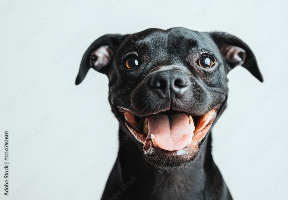 Joyful Black Dog with Bright Eyes and Cheerful Expression Posing Against Light Background, Capturing Playful and Friendly Nature of Canines Joyful Black Dog with Bright Eyes and Cheerful Expression Posing Against Light Background, Capturing Playful and Friendly Nature of Canines