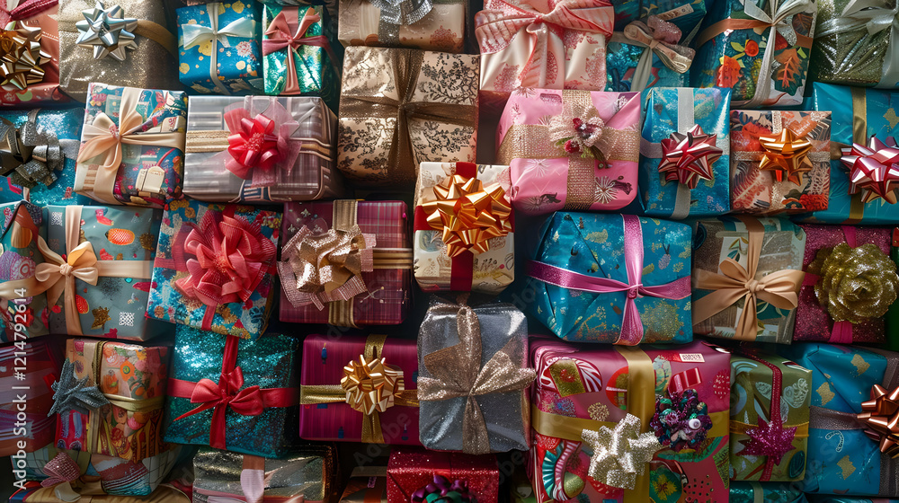 Fototapeta premium Wrapped Gifts Displayed in an Array of Colors and Patterns Beautifully Decorated with Ribbons and Bows.
