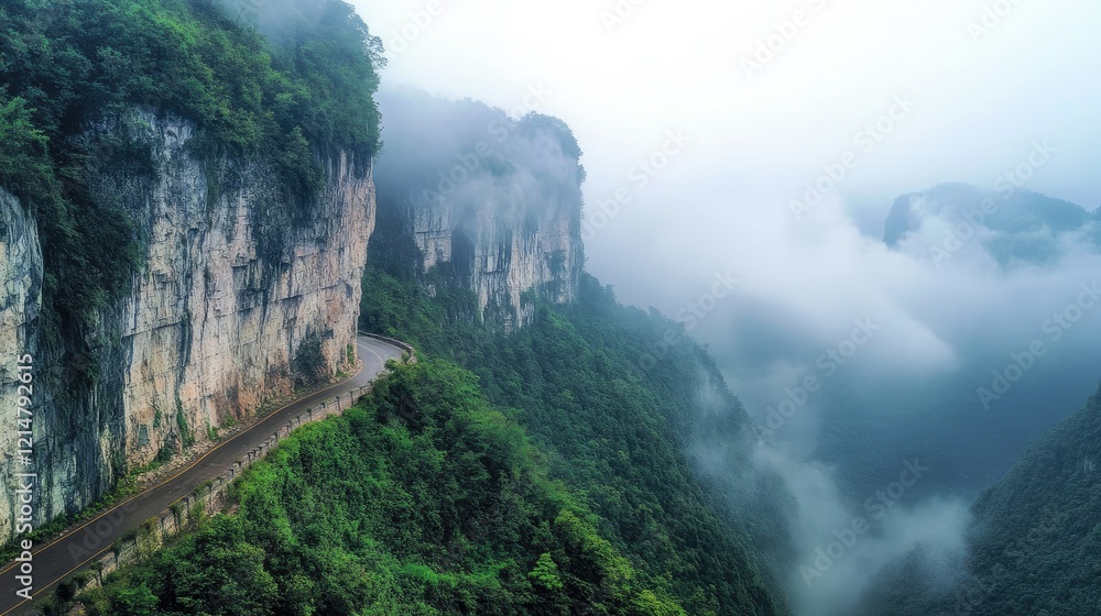 A mountain highway cutting through dense fog, with green treetops and steep cliffs visible along the route A mountain highway cutting through dense fog, with green treetops and steep cliffs visible along the route