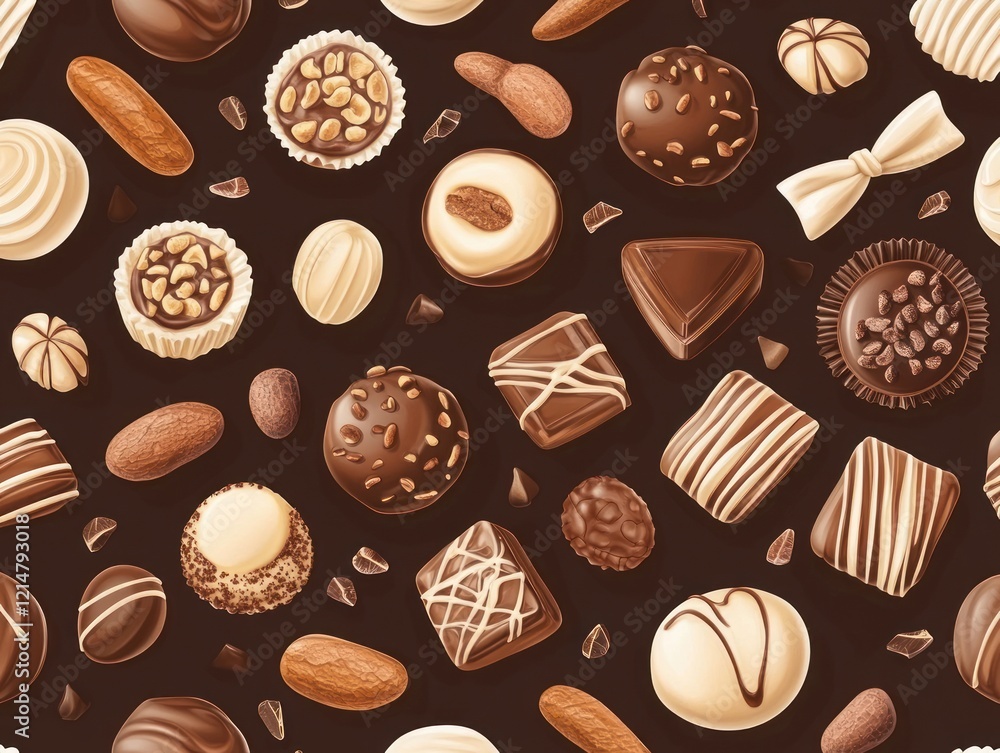 Chocolate themed pattern featuring assorted pralines for design projects Chocolate themed pattern featuring assorted pralines for design projects