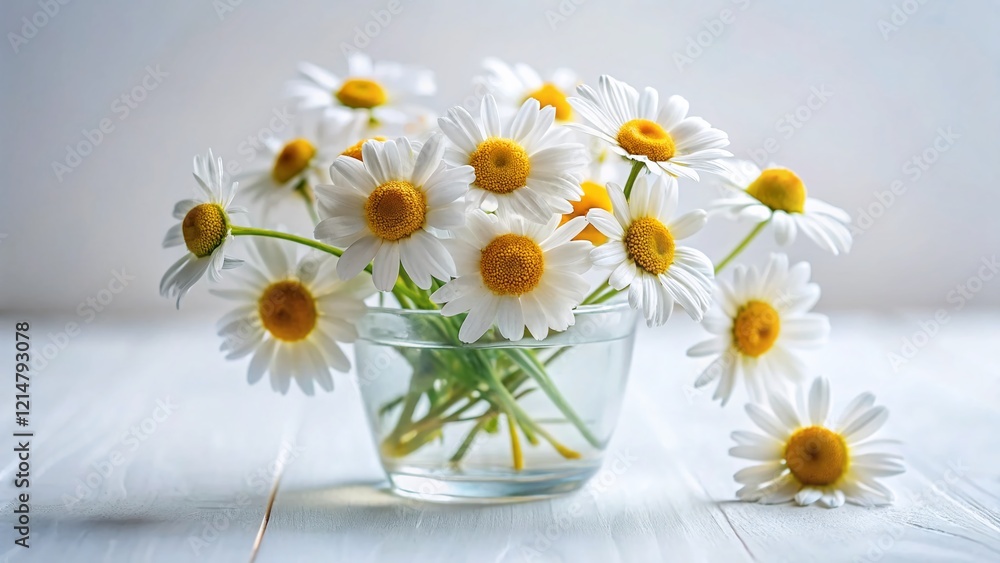 Obraz premium Child's Daisy Bouquet in Glass Vase, White Background Stock Photo