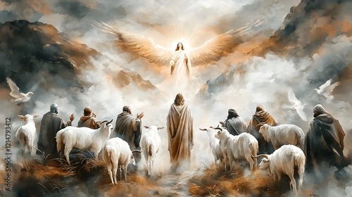 Glorious Angelic Vision Appearing in the Vast Night Sky as Shepherds Shield Their Eyes from the Brilliant Divine Light Bathing the Rolling Hills in Soft Watercolor Shades