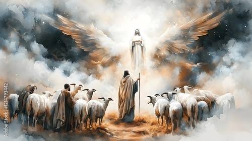 Glorious angelic vision appearing in the vast night sky with shepherds shielding their eyes from the brilliant divine light as it bathes the rolling hills in soft watercolor shades  A majestic