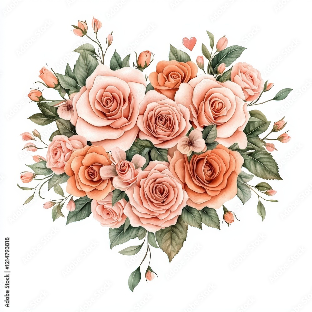 A beautiful bouquet of peach roses surrounded by delicate buds and leaves, perfect for adding a touch of elegance to any floral arrangement. A beautiful bouquet of peach roses surrounded by delicate buds and leaves, perfect for adding a touch of elegance to any floral arrangement.