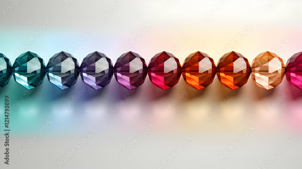 Colorful Crystal Beads Arranged in a Gradient Line on a Reflective Surface Colorful Crystal Beads Arranged in a Gradient Line on a Reflective Surface