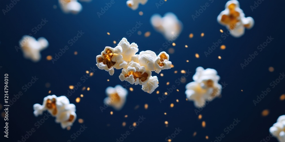 Popcorn in motion against a dark navy background for creative food and snack design Popcorn in motion against a dark navy background for creative food and snack design