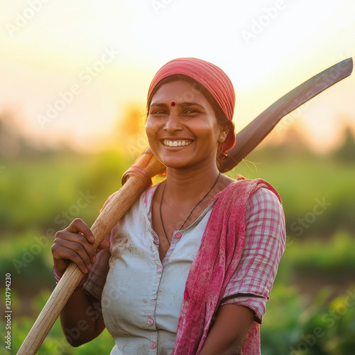 indian farmer woman holding a mattock photo