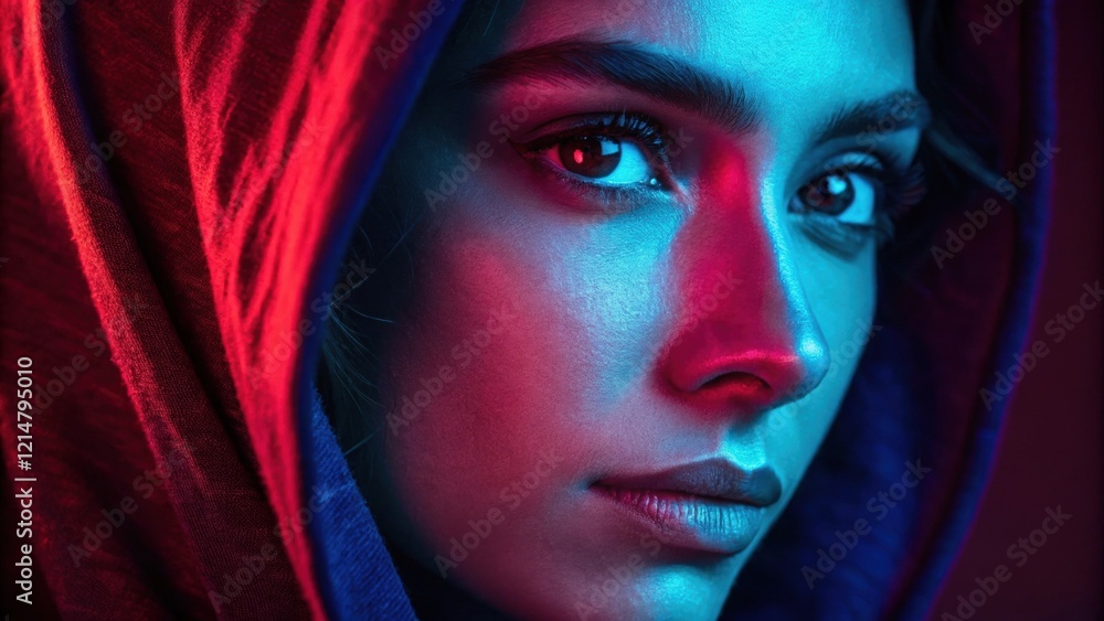 A captivating portrait where deep red and electric blue neon colors interplay across the subjects face creating a sense of depth and intrigue while drawing attention to their A captivating portrait where deep red and electric blue neon colors interplay across the subjects face creating a sense of depth and intrigue while drawing attention to their