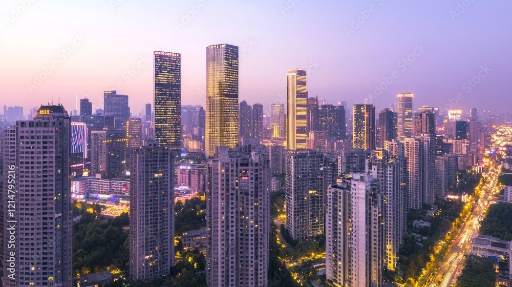 Fototapeta Twilight Illumination: Aerial Shot of Urban Skyscrapers Aglow with Vibrant Lights and Neon Signs