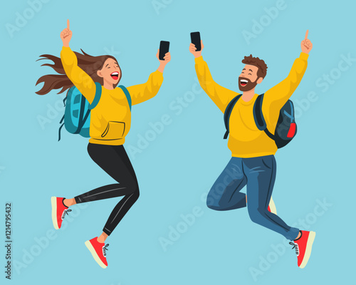 Happy woman and man with smartphones and backpacks. Tourists people jumping for joy. Vector illustration on blue background.