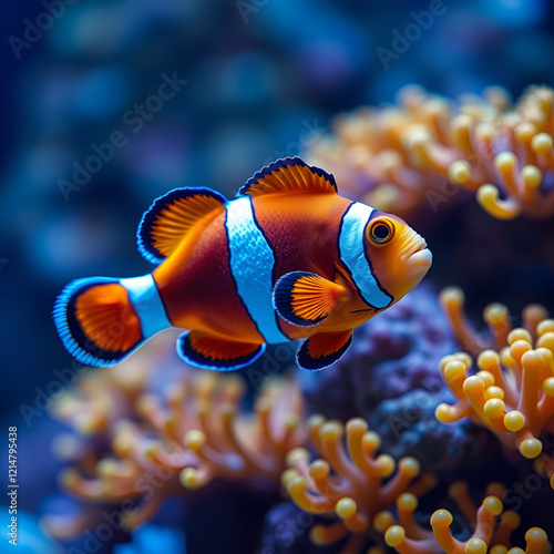 famous ocellaris clownfish healthy and active animal in soft corals nano reef marine aquarium expensive hobby for experienced aquarist LED actinic blue low light beautiful blurred back : photo