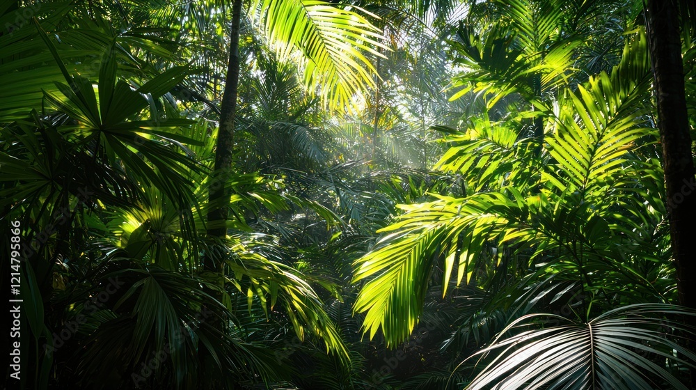 Fototapeta premium A dense green forest with sunlight filtering through the leaves, casting soft shadows