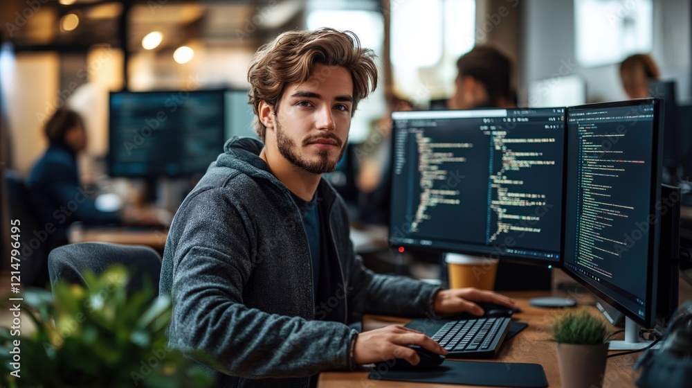 Young man works on computer. Focused software developer sits at desk in office. Intently looking at two computer monitors. Hoodie, typing on keyboard. People working nearby. Office window, plant. Hot Young man works on computer. Focused software developer sits at desk in office. Intently looking at two computer monitors. Hoodie, typing on keyboard. People working nearby. Office window, plant. Hot