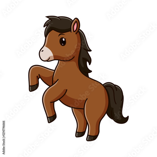 Adorable brown pony cartoon, one leg raised, dark mane and tail, large eyes, standing against a black background.
 photo