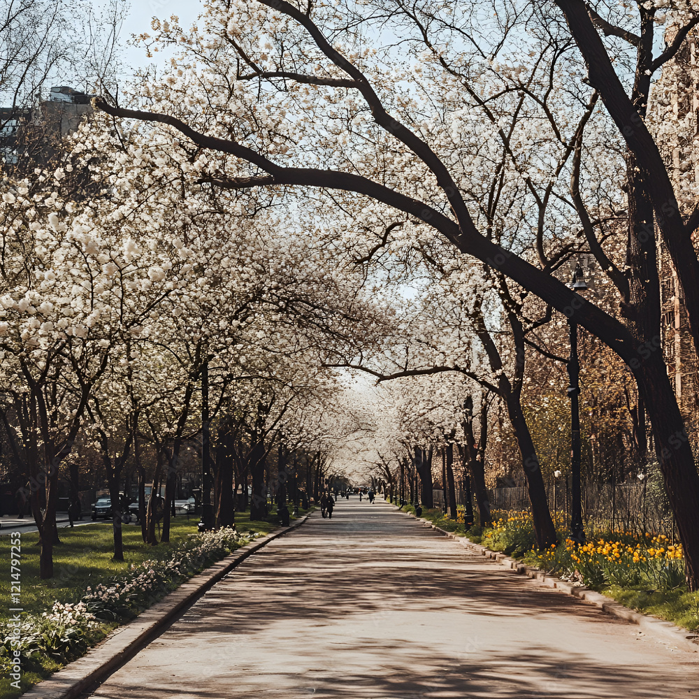 Naklejka premium Cherry blossom avenue in springtime showcasing blooming trees and a peaceful walking path in a city park