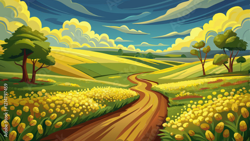 Dirt Road Through Field of Yellow Flowers, A windy path through mustard fields under a cloudy sky, AI Generated