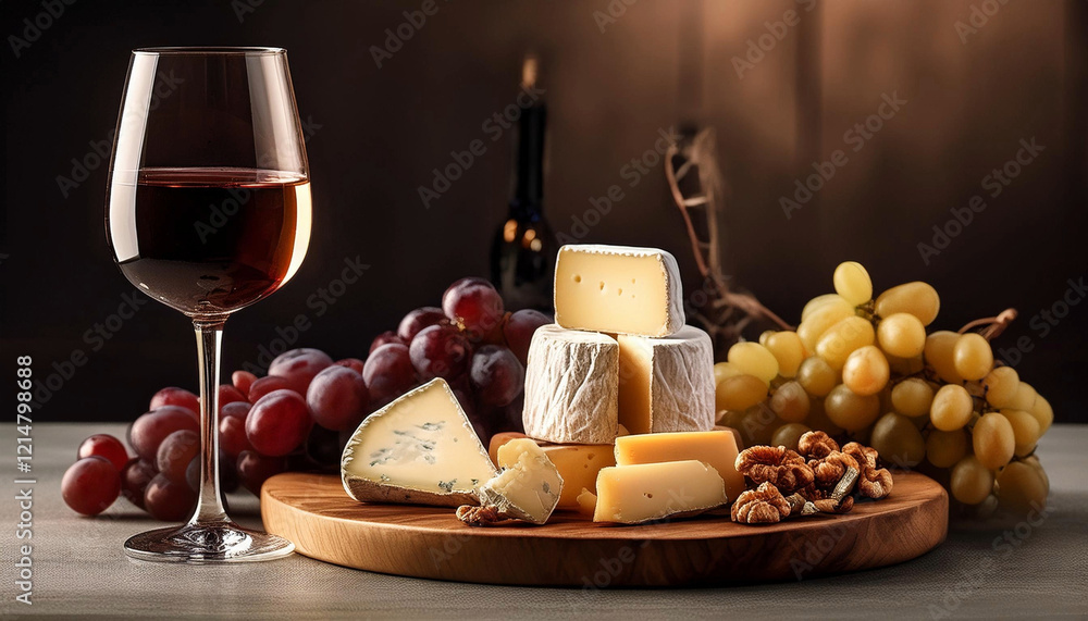 Naklejka premium Delicious Cheese tray with grapes and some fine wine with cosy background