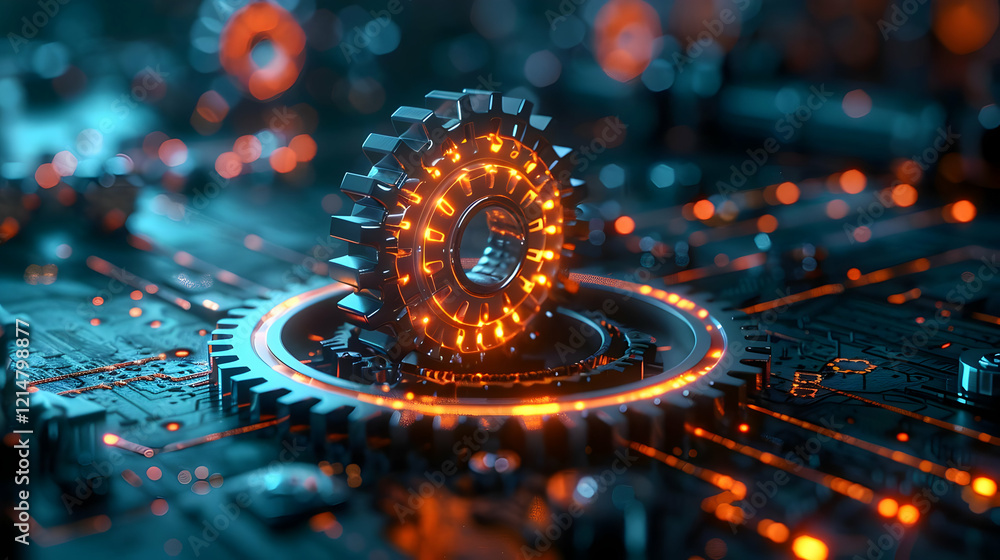 Glowing Gears Rotate on Circuit Board with Futuristic Technology Glowing Gears Rotate on Circuit Board with Futuristic Technology