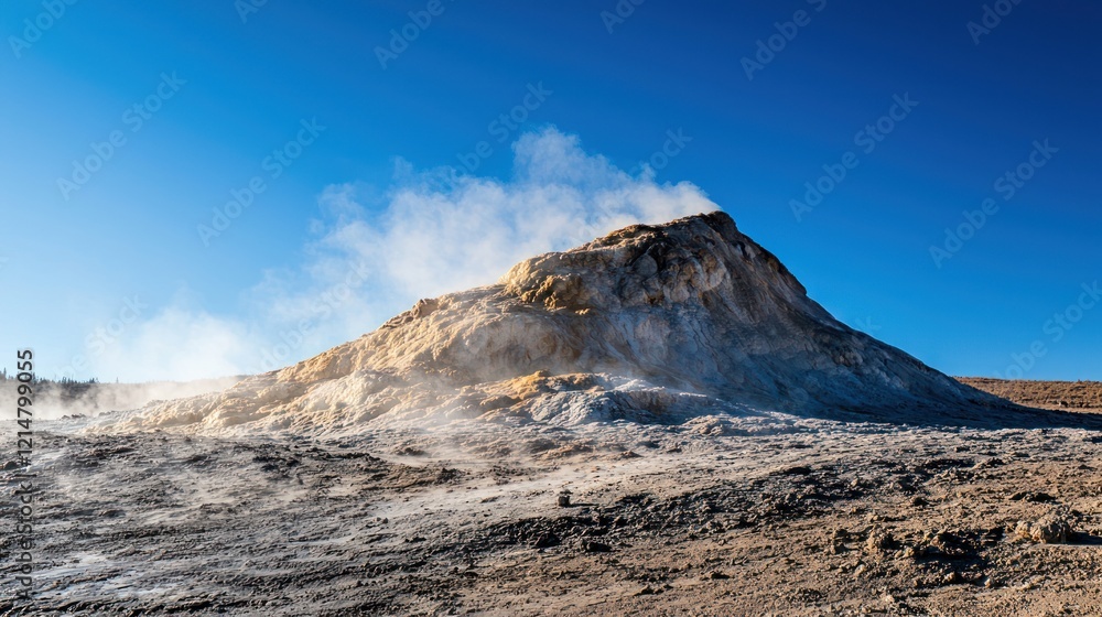 A dramatic geyser eruption against a clear blue sky in a national park A dramatic geyser eruption against a clear blue sky in a national park