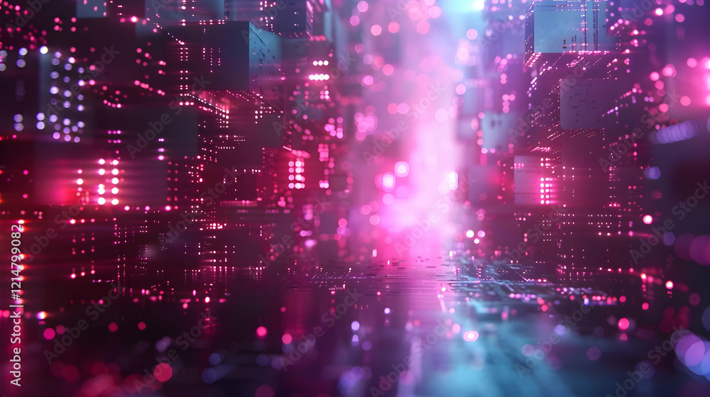 Obraz premium Abstract 3D Cityscape Illuminates with Pink and Blue Lights Creates Futuristic Ambiance with Bokeh Effect