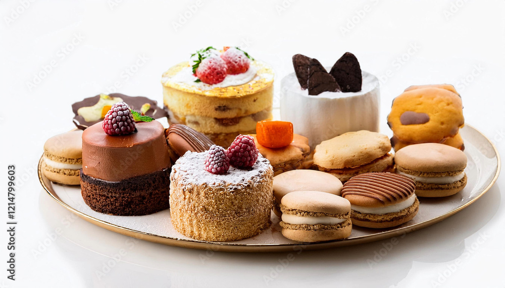 Delicious cookies and cakes in various shapes, colors and flavours on a white background