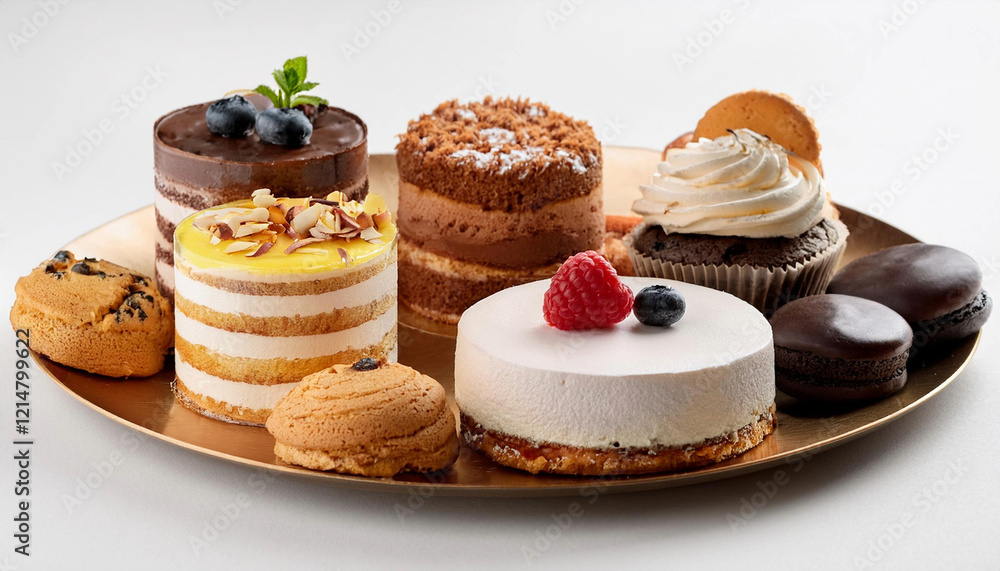 Delicious cookies and cakes in various shapes, colors and flavours on a white background Delicious cookies and cakes in various shapes, colors and flavours on a white background