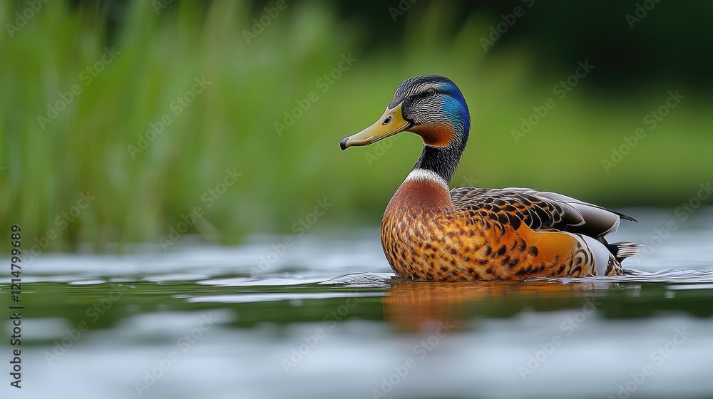 Obraz premium Male duck swims tranquil pond, reeds background, wildlife