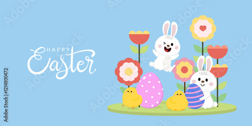 Happy Easter greeting card with cute yellow chick, colourful eggs, bunny and rabbit. Animal wildlife holiday cartoon character. -Vector.